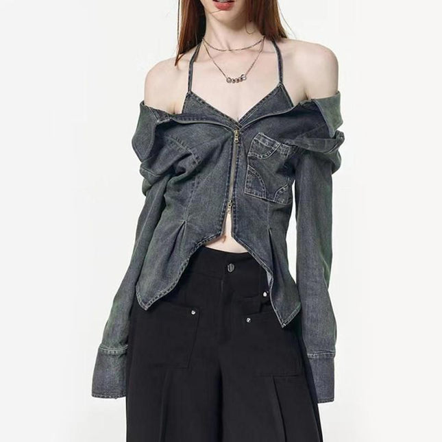 Abrigo vaquero elegante y ajustado con cremallera de doble capa