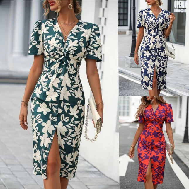 Robe à col en V imprimée pour femmes européennes et américaines