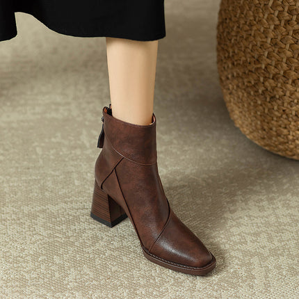 Women's Chunky Heel Boots Brown British Style Retro