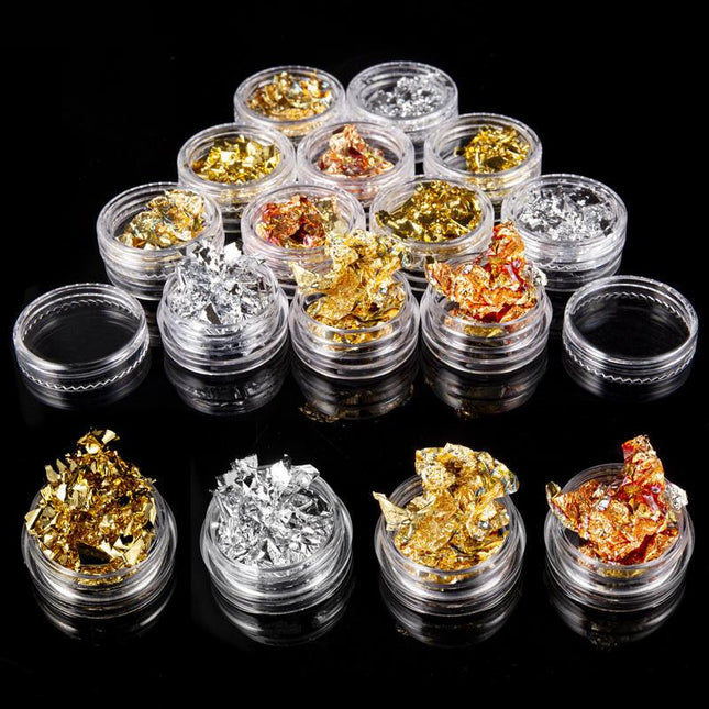 Lot de 12 pots de paillettes dorées et argentées pour nail art