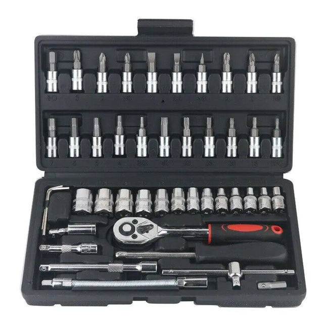 Complete 46-Piece 1/4" Socket Set with Ratchet & Wrench Combo – Professional Auto Mechanic Tool Kit - Wnkrs