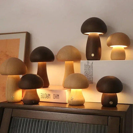 Charming Touch-Control LED Mushroom Night Light - Wooden Bedside Lamp with USB Charging - Wnkrs