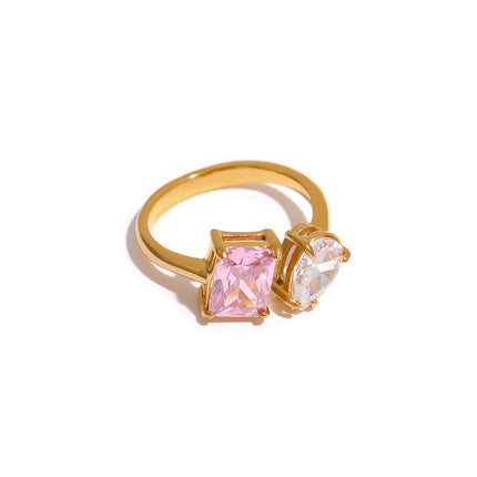 Bague ouverte ajustable et étanche avec zircone cubique rose et verte