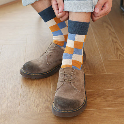 Calcetines a cuadros de algodón puro para hombre, estilo inglés, otoño e invierno