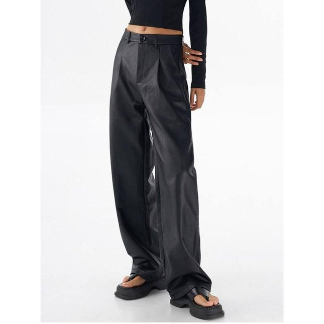 Pantalones de pierna ancha de cuero sintético estilo vintage para mujer