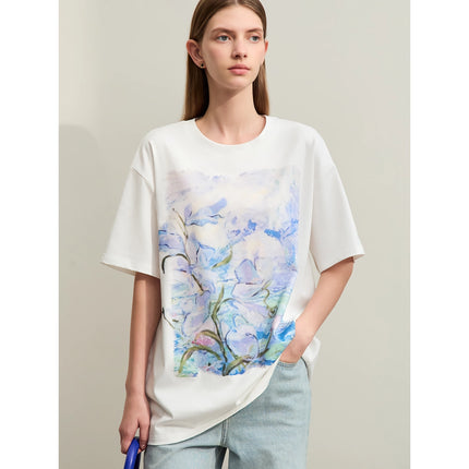 Camiseta de algodón con estampado de arte minimalista para mujer: camiseta informal de manga corta