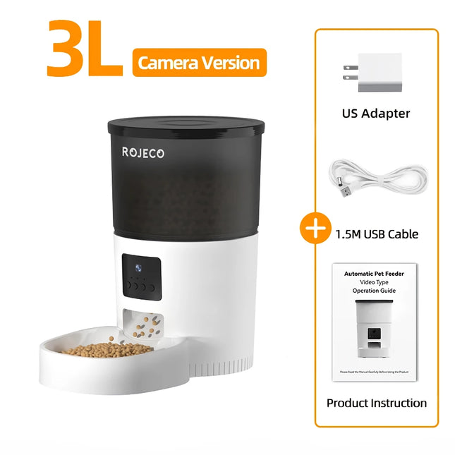 Distributeur automatique intelligent pour animaux de compagnie de 3 litres avec caméra et bol en acier inoxydable