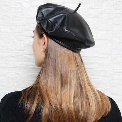 Béret rétro en cuir véritable pour femme