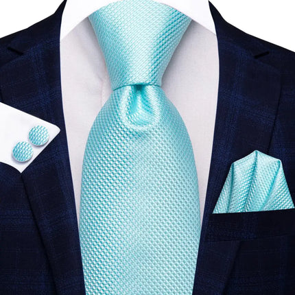 Conjunto de corbata de seda a cuadros azul pavo real de lujo para hombre con gemelos y pañuelo de bolsillo