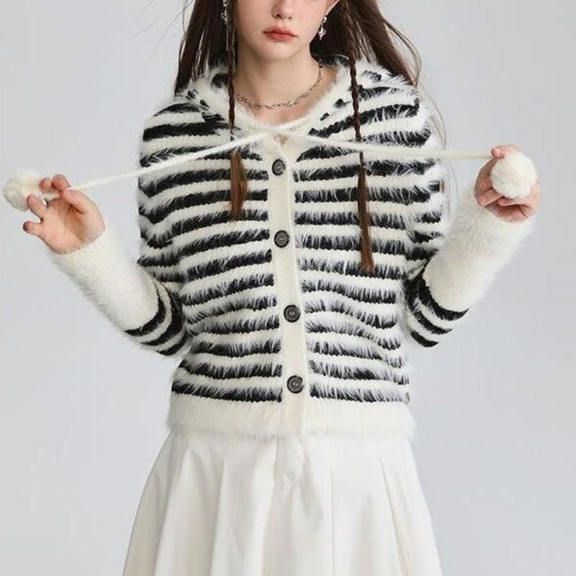 Cardigan rayé à capuche en mohair - Haut en tricot à pompons style Y2K