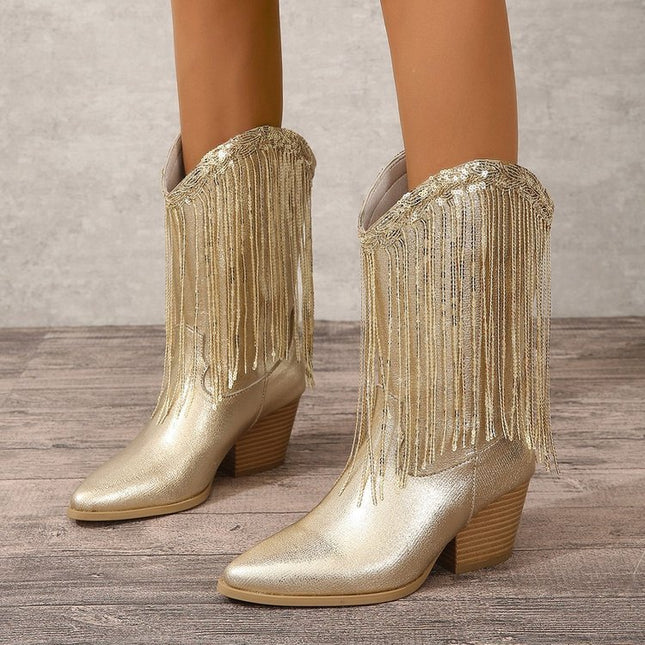 Bottes de mode européenne et américaine mi-saison pour femmes, style rétro, à talons épais et plissées, style western chevalier
