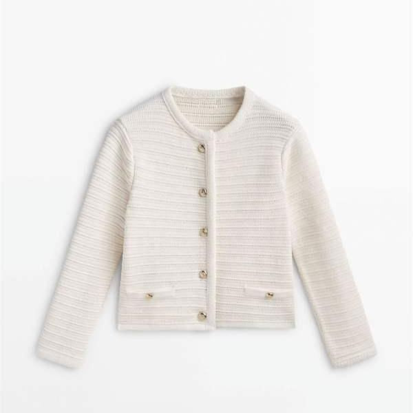 Manteau en tricot rayé à boutons dorés pour femme