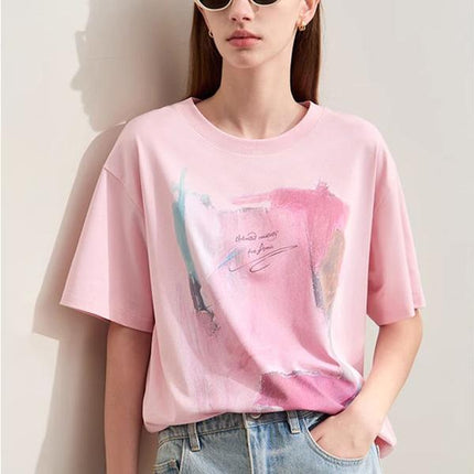 Camiseta minimalista holgada con cuello redondo y estampado abstracto para mujer