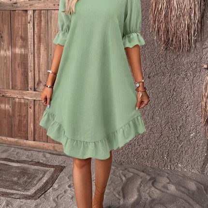 Fashion Ruffle Short-sleeved Dress Summer Solid Color Round Neck Loose Straight Dresses Womens Clothing