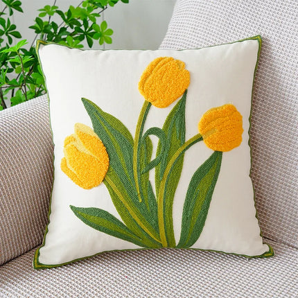 Housse de coussin brodée de fleurs de tulipe et d'orchidée