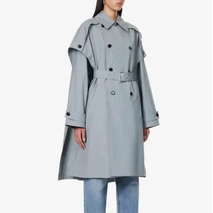 Trench-coat à manches chauve-souris gris-bleu avec design croisé