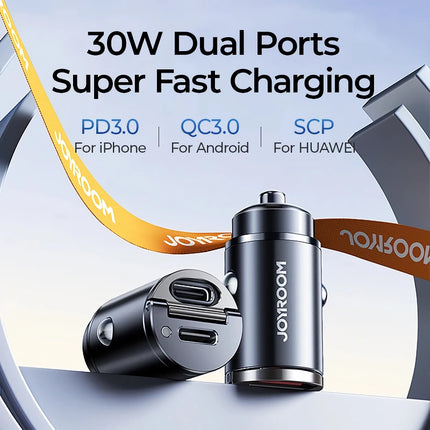 Chargeur de voiture à double port 30 W – Adaptateur mini USB Type-C à charge rapide avec anneau de traction