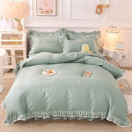 Summer Ruffled Cotton Four-piece Set Girl Heart Embroidery Flower Quilt Cover - Wnkrs