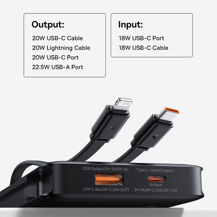 Banco de energía de carga rápida de 22,5 W y 10 000 mAh con cables integrados