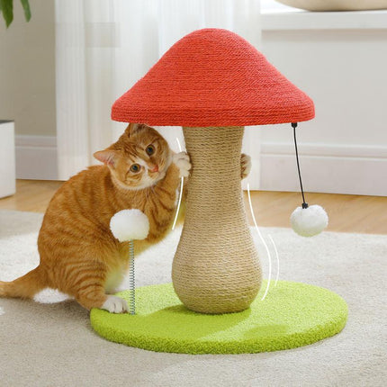 Rascador para gatos con forma de hongo, sisal y pompones