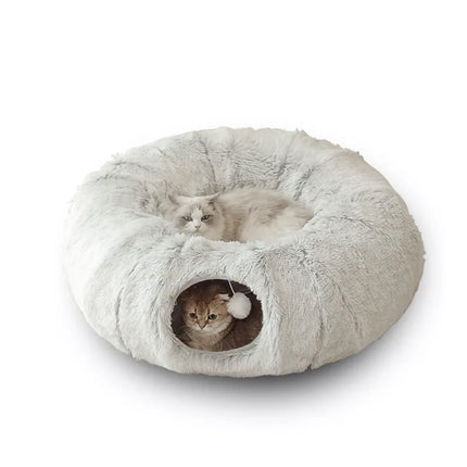 Cama de felpa para gatos con túnel