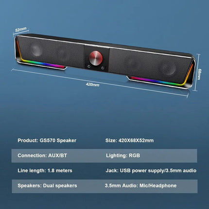 Wireless RGB Sound Bar with 3.5mm Aux and Bluetooth Connectivity - Wnkrs