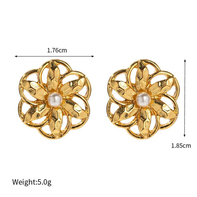 Gold Plated Stainless Steel Hollow Flower Stud Earrings - Waterproof, Vintage Style Jewelry for Women