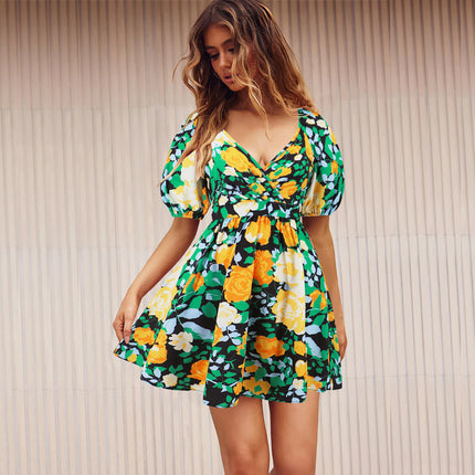 Vestido con cuello en V y mangas abullonadas con estampado de flores Y2K para vacaciones de verano, vestidos cortos de playa, ropa de moda para mujer