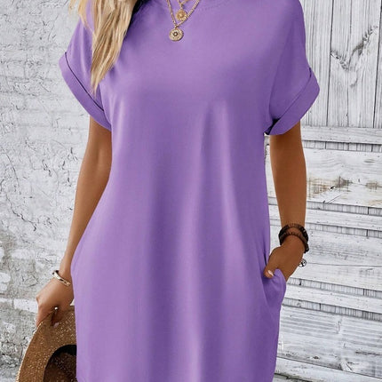 Loose Short Sleeve Dress With Pockets Summer Casual Solid Color Round Neck Straight Dresses Womens Clothing