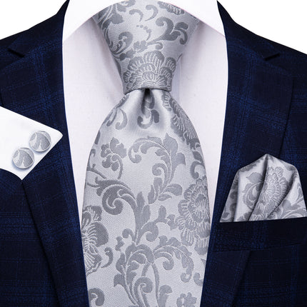 Elegante conjunto de corbata para hombre con diseño floral en gris plateado