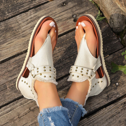 Sandalias de mezclilla con tiras y cremallera trasera, zapatos planos de playa retro de verano para mujer