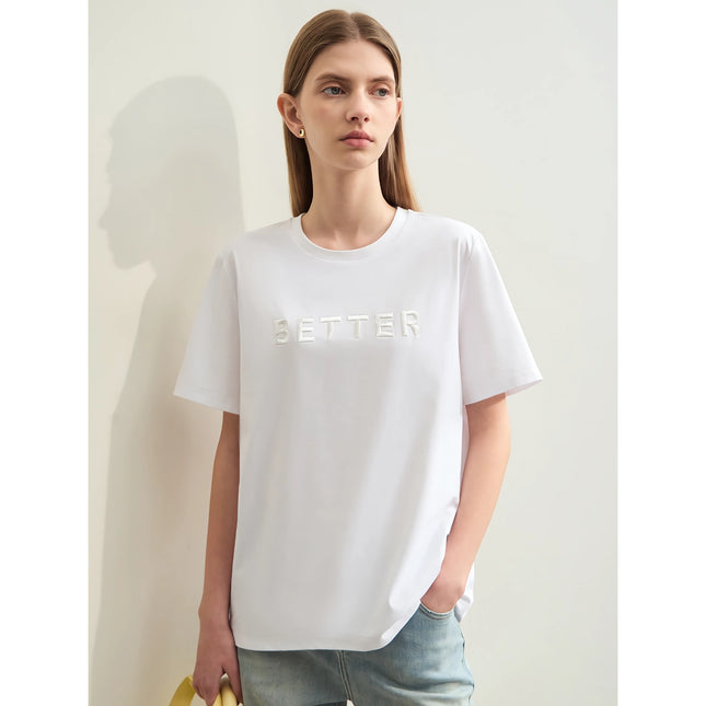 Minimalist Women's Short-Sleeve Embroidered Cotton T-Shirt