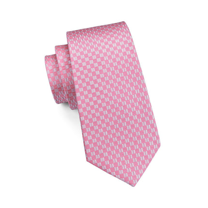 Corbata de seda a cuadros rosa y blanca: corbata formal de boda para hombre, pañuelo y gemelos