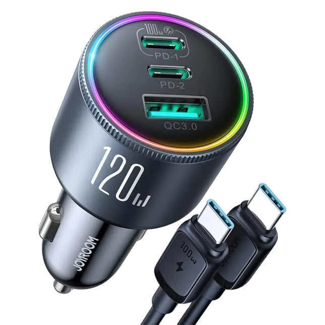 Chargeur de voiture USB-C 120 W – Charge rapide à 3 ports pour plusieurs appareils (PD et QC 3.0)