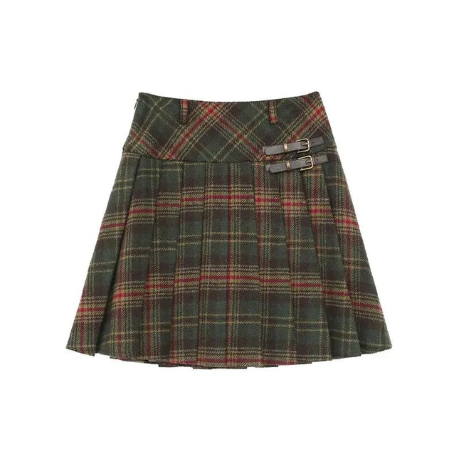 High Waist Wool Plaid A-line Pleated Skirt for Spring and Autumn