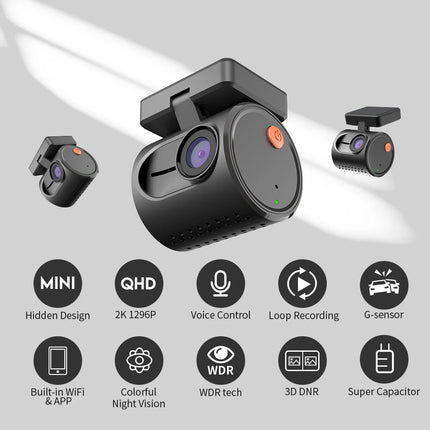 Mini Dash Cam 2K avec commande vocale, vision nocturne, WiFi et moniteur de stationnement