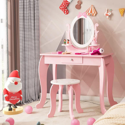 2-in-1 Kids Vanity Set with Rotating Mirror and Stool - Wnkrs