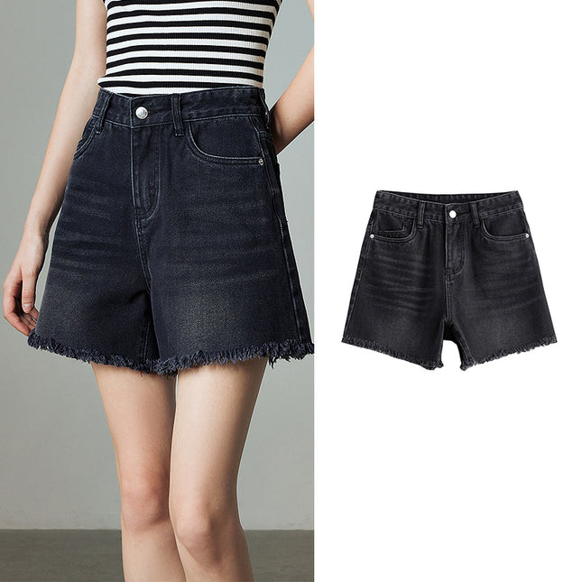 Short en jean taille haute à pompons pour femme