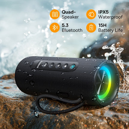 Altavoz Bluetooth inalámbrico portátil con clasificación IPX5 a prueba de agua y luz ambiental RGB