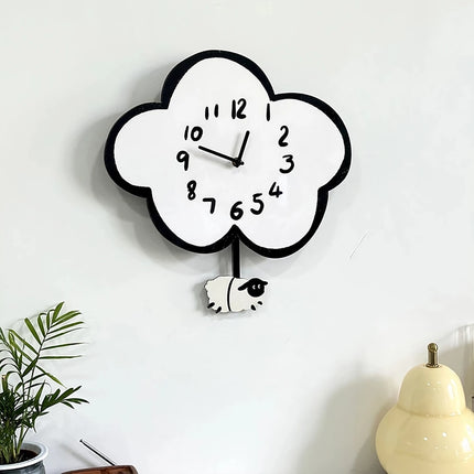 Reloj de pared oscilante con forma de oveja y nube de dibujos animados, silencioso, de 38 cm