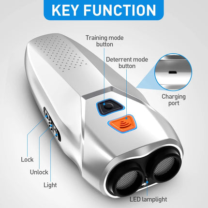 Repelente ultrasónico para perros con linterna LED y sensores duales