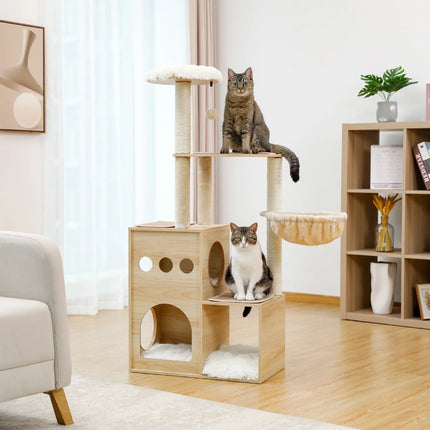 Árbol para gatos de madera con postes rascadores de sisal, acogedor apartamento y hamaca