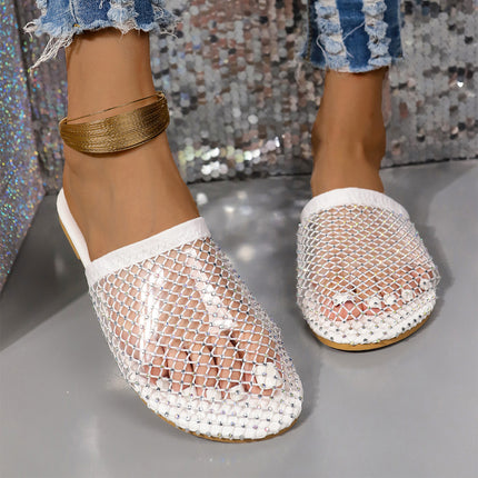 Sandalias transparentes con punta hueca y diamantes de imitación para mujer, zapatillas de verano a la moda para exteriores, zapatos planos