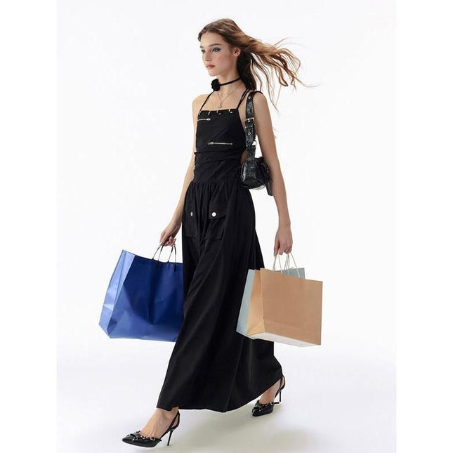 Vestido largo elegante, básico, liso, negro, sin espalda, con bolsillos