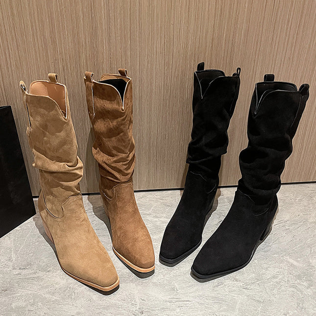 Bottes décontractées à talons épais, pointues, plissées, mi-mollet, chaussettes amples