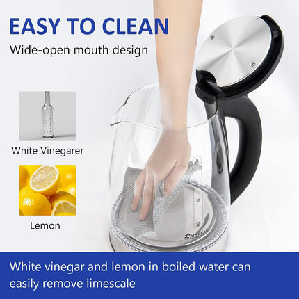 Electric Kettle Water Boiler, 1.8L Electric Tea Kettle, Wide Opening Hot Water Boiler With LED Light, Auto Shut-Off & Boil Dry Protection, Glass Black - Wnkrs