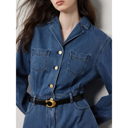 Mid-Length Denim A-Line Dress with Lapel Collar and Long Sleeves