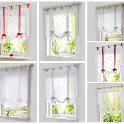 Embroidered Pastoral Adjustable Curtain Rod Ribbon Roman Window Screen - Wnkrs