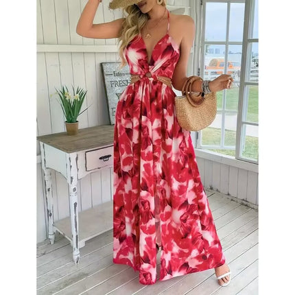 Womens Floral Print Backless Side-Slit Dress