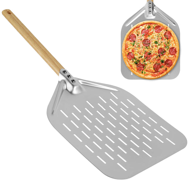 Pala para pizza de metal antiadherente con mango de madera